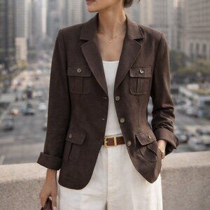 Tahari Brown Linen Safari Utility Jacket • Tailored Neutral Blazer Size 4